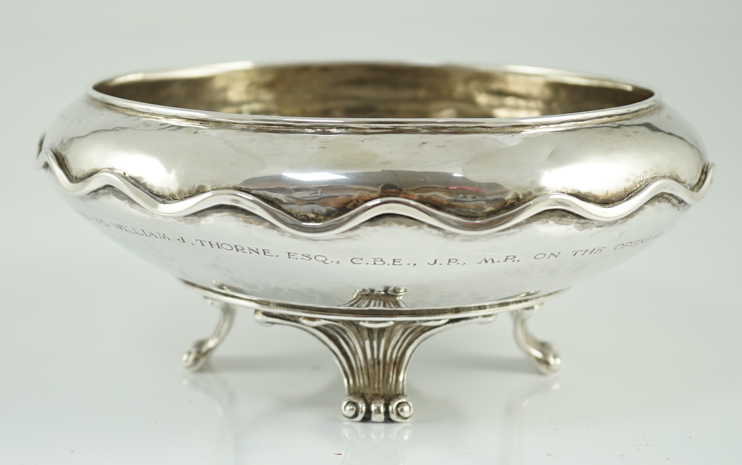 A George V Omar Ramsden planished silver shallow bowl